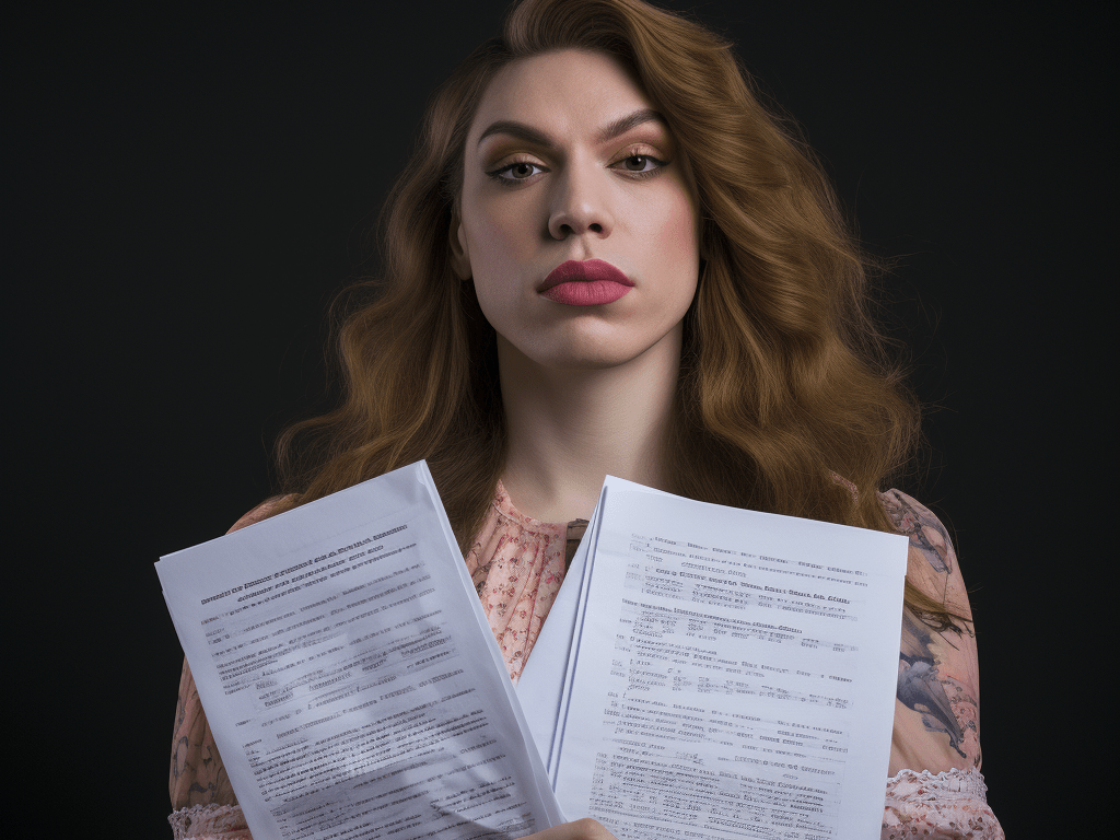 Portrait photograph of a transgender individual with legal documents in the background
