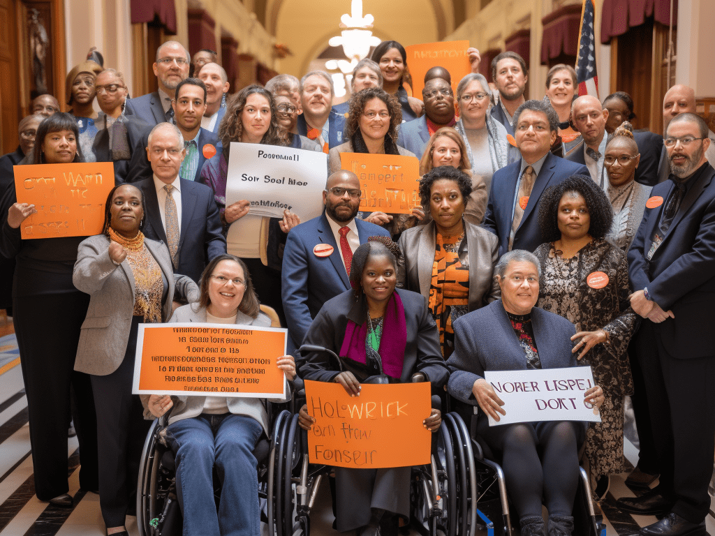 Group photograph of diverse individuals holding signs advocating for inclusive gun law reforms 