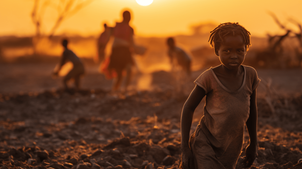 Photojournalistic image of a family in Africa, burdened with their belongings and walking through parched land, depicting the urgency and human cost of climate-induced displacement.