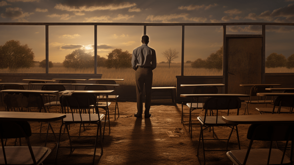 A somber yet powerful scene in an Oklahoma classroom, showing a teacher of African descent standing alone, thoughtfully reading a book about African American history. The room is dimly lit, with a single beam of light highlighting the teacher against a backdrop of empty chairs, symbolizing the silenced discussions and restricted curriculum due to anti-CRT legislation. The image captures the resilience of educators facing educational challenges.