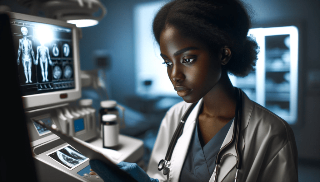 AI-generated image of a Black healthcare professional in a clinical setting, intently examining medical data. She is surrounded by medical equipment in a sleek, modern clinic that contrasts with her warm and determined expression.