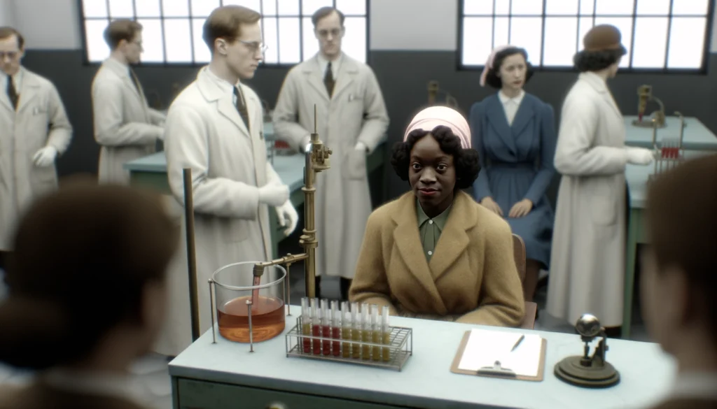 Doctors in a 1950s medical lab take cervical cancer cells from Henrietta Lacks, a Black woman, without her consent. The atmosphere is clinical and detached. Image generated by DALL-E.