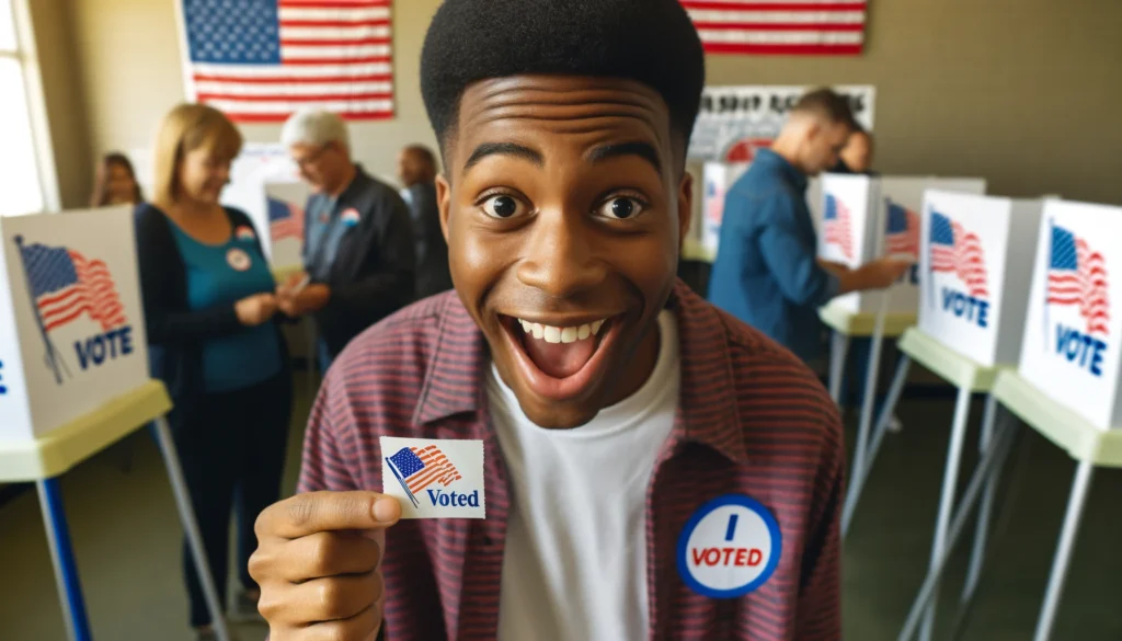 Cinematic close-up of a Black voter holding an 'I Voted' sticker with an excited expression, set in a vibrant polling station with volunteers and colorful voting signs.