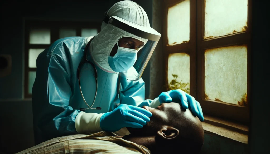 Close-up of a healthcare worker wearing protective gear, showing concern while examining a patient during the mpox outbreak in the Democratic Republic of Congo.