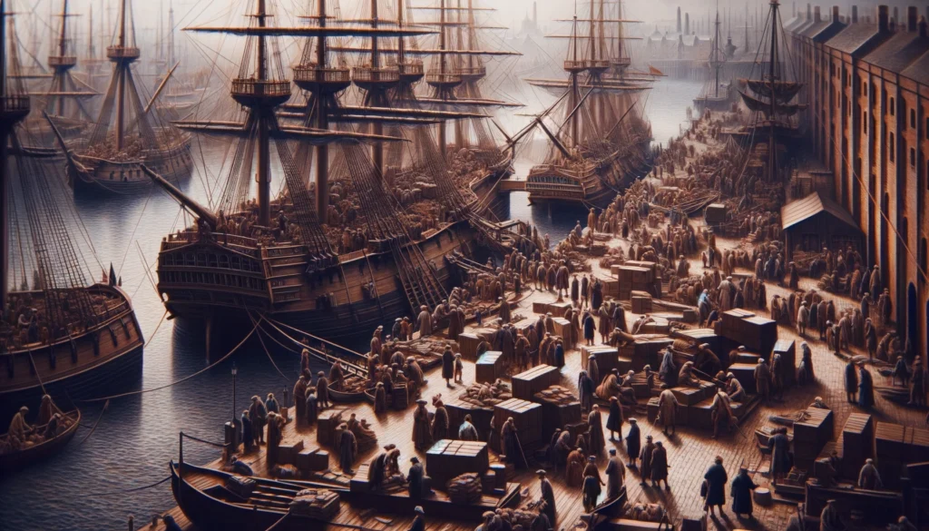 Detailed historical scene of an 18th century Liverpool dock with ships and workers, highlighting the bustling activity of loading and unloading goods with sailors and merchants.