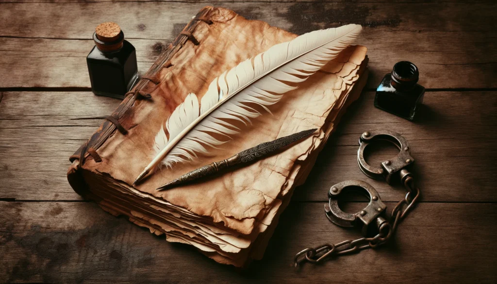 An old manuscript with yellowed pages and slightly torn edges, accompanied by an elegant quill pen with a feather, an ink bottle, and a pair of worn iron shackles on a rustic wooden table.
