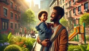A cinematic photorealistic image of a Black father holding his smiling child in a vibrant urban park. The park is filled with greenery, trees, and a well-maintained playground, with other families visible in the background. The sunlight creates a warm and cheerful atmosphere, highlighting the joy and connection between the father and child.