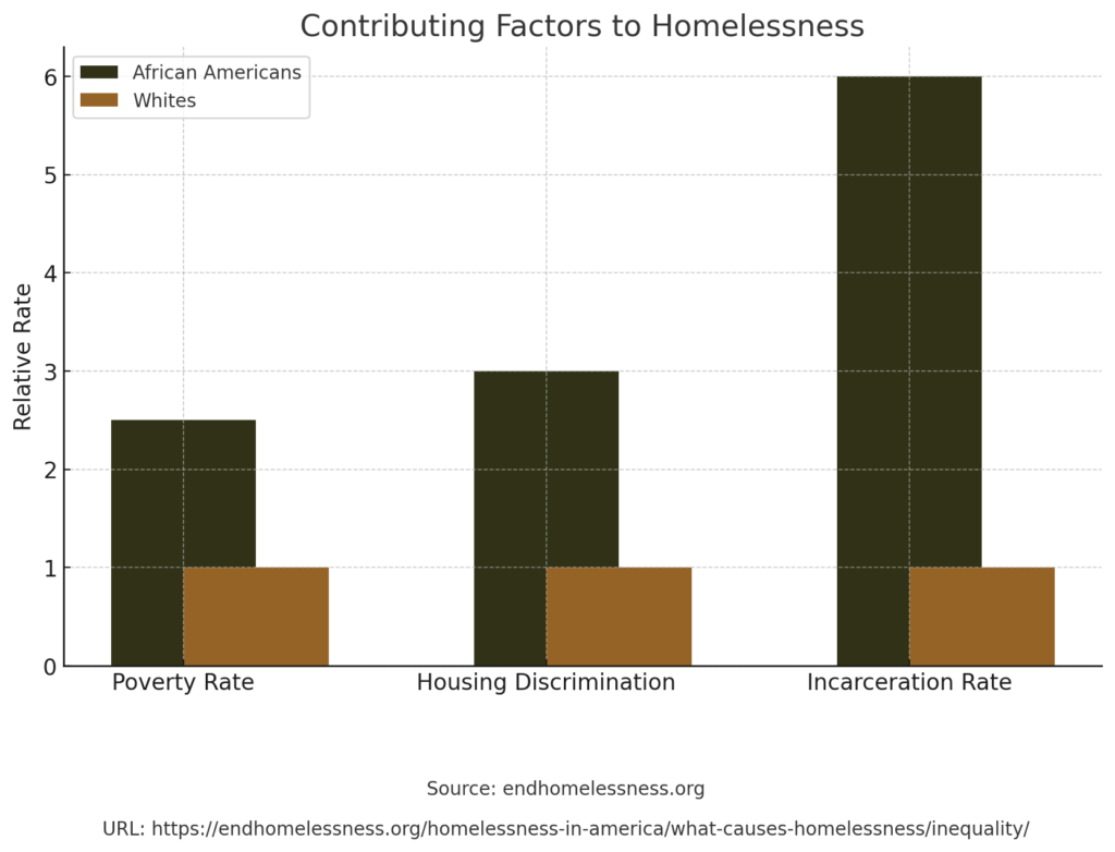 Bar graph showing contributing factors to homelessness, with higher relative rates for African Americans in poverty, housing discrimination, and incarceration. Source: endhomelessness.org.