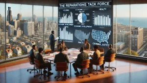 Members of the Reparations Task Force in a modern conference room, reviewing documents and discussing policies affecting Black Chicagoans, with charts and graphs displayed on a large screen and a cityscape view in the background.