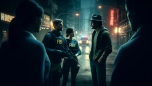Undercover FBI agents in casual clothing talking with a suspect on a dimly lit urban street with neon lights in the background, highlighting a tense and high-stakes atmosphere.