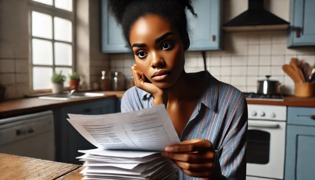 This image highlights the economic challenges faced by Black families, with a focus on a mother's stress over household bills in a modest kitchen.