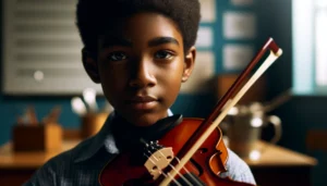 Close-up of an African American student playing a violin with a focused expression in a classroom setting.