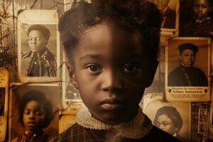 A cinematic photorealistic montage showing historical images of slavery, forced labor, and present-day child protection services, reflecting the legacy of systemic racism on Black children.