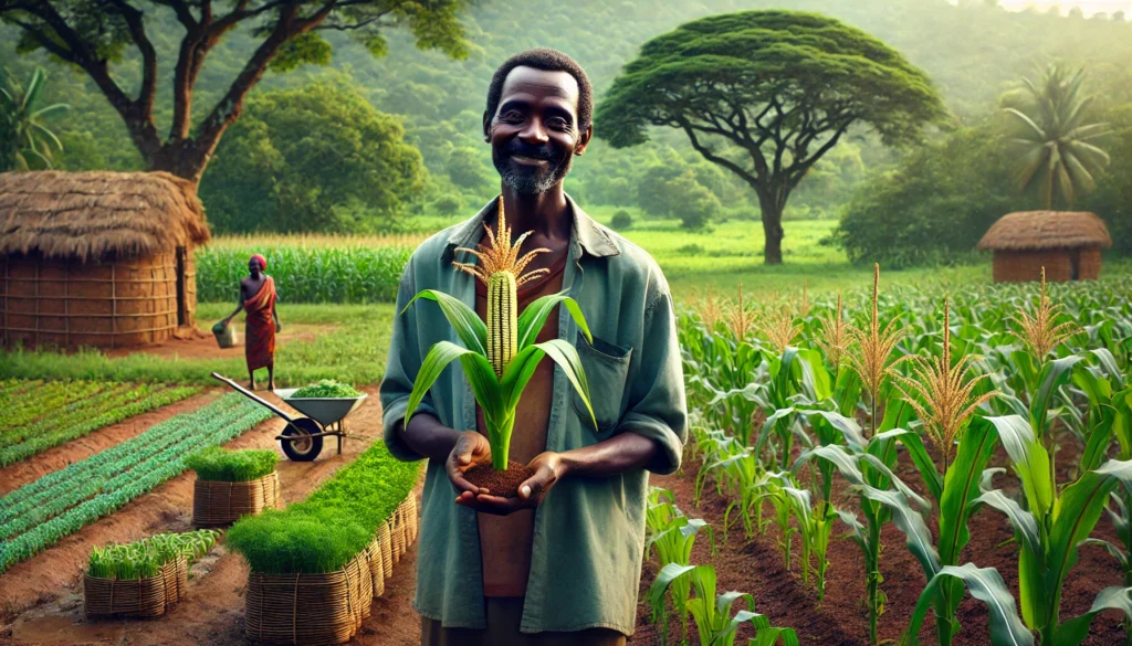 This cinematic photorealistic image captures a small-scale farmer in Malawi who is practicing agroforestry by intercropping maize with Gliricidia sepium trees. The background features a lush, green field with thriving crops and trees. The farmer's content expression reflects the success of sustainable farming practices in enhancing yields and soil health.