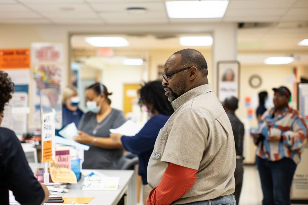 A wide angle shot of a busy community health center with a community health worker guiding a Black patient with CKD through accessing care, surrounded by advocacy posters and informational booths, brightly lit to convey hope and efficiency.