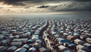 A crowded refugee camp in Sudan with makeshift tents under an overcast sky, highlighting the dire conditions faced by displaced people.