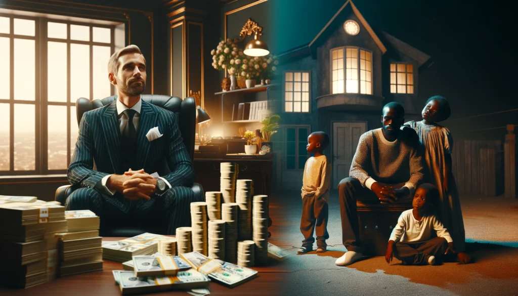 Cinematic image showing a wealthy businessman in a lavish office and a struggling Black family in a modest home, highlighting wealth inequality during the pandemic.