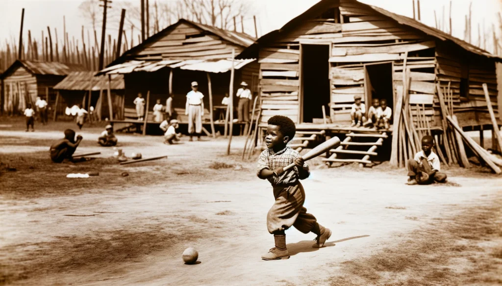A young Willie Mays playing baseball in a dirt field surrounded by wooden shacks, depicting his early life in segregated Alabama