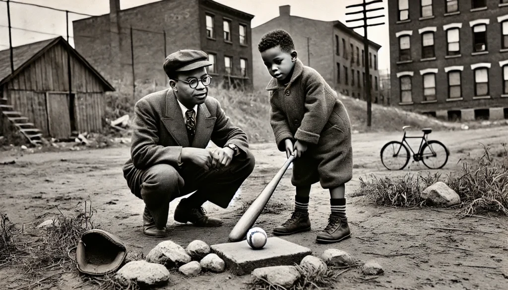 Willie Mays and his father practicing baseball on a makeshift diamond in a segregated neighborhood, with rocky and weedy patches visible on the field.