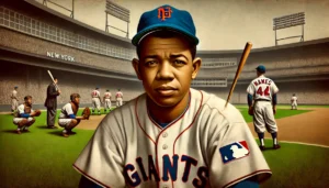 Willie Mays in a New York Giants uniform, facing the challenges and prejudices of being an African American player in the early years of MLB integration.