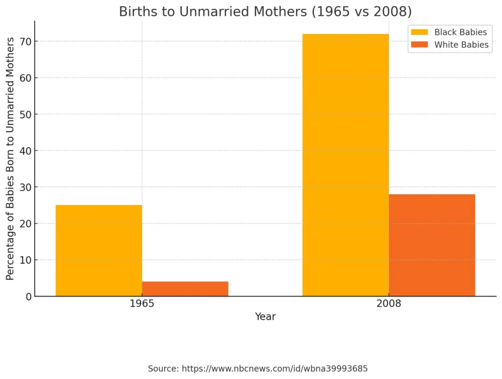 Text Bar chart comparing births to unmarried mothers in 1965 and 2008. In 1965, 25% of Black babies and 4% of White babies were born to unmarried mothers. In 2008, 72% of Black babies and 28% of White babies were born to unmarried mothers. Source: NBC News, https://www.nbcnews.com/id/wbna39993685
