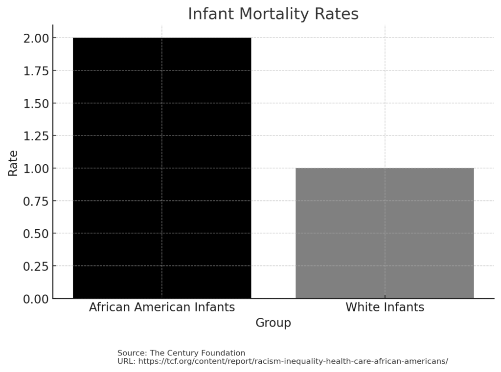 Bar chart comparing infant mortality rates, showing African American infants have a mortality rate twice that of white infants. Source: The Century Foundation. URL: https://tcf.org/content/report/racism-inequality-health-care-african-americans/