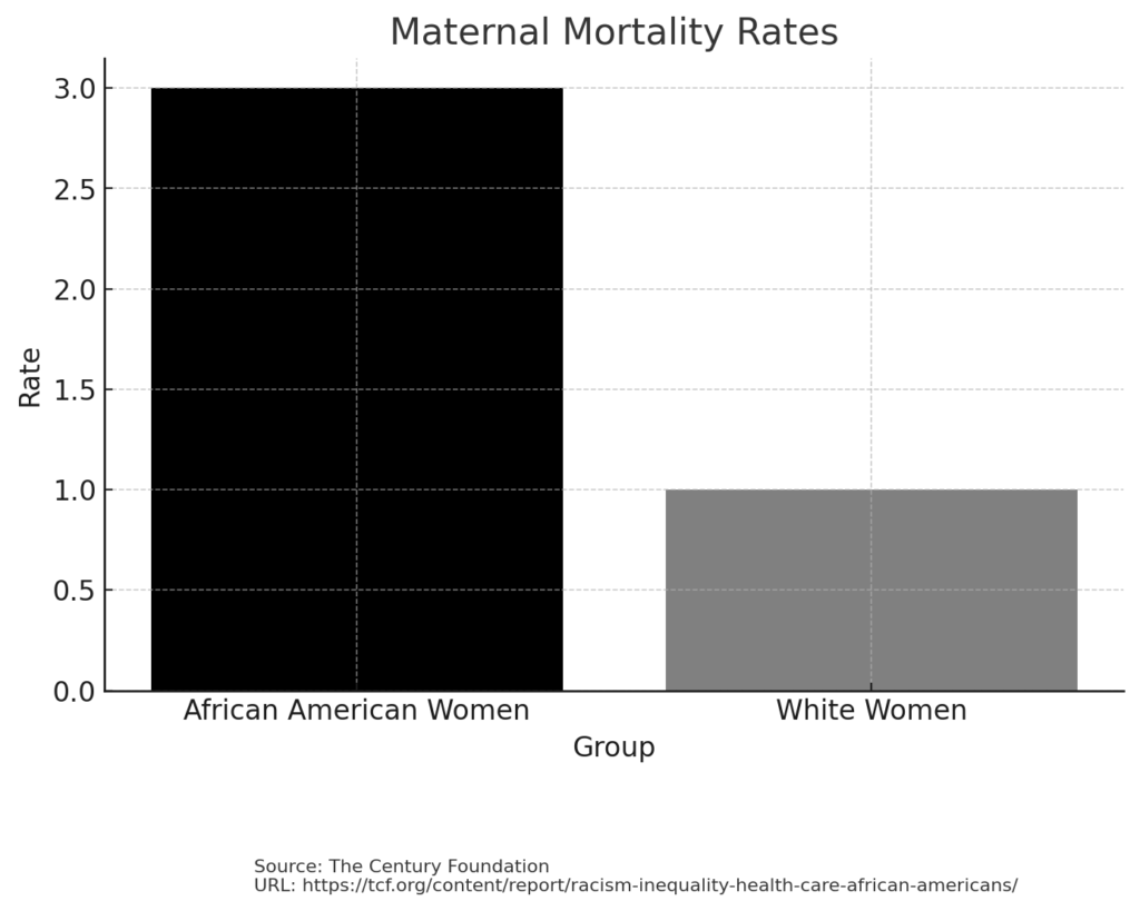 Bar chart comparing maternal mortality rates, showing African American women are three times more likely to die from pregnancy-related causes than white women. Source: The Century Foundation. URL: https://tcf.org/content/report/racism-inequality-health-care-african-americans/