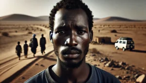 The image captures the emotional and physical toll of the journey across the Sahara Desert, highlighting the extreme conditions African migrants face.