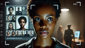 A concerned Black woman faces the potential pitfalls of biased facial recognition technology, highlighting the need for ethical AI frameworks.