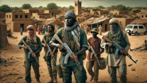 A realistic portrayal of armed militants in combat gear, set against a backdrop of a village affected by conflict. Destroyed buildings and displaced people highlight the severe impact of extremist violence in the region.