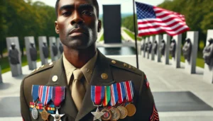 Description A Black military veteran, adorned with medals, stands proudly against the backdrop of a U.S. flag and an inclusive memorial site. This image underlines the importance of acknowledging and honoring the contributions of Black veterans to build an equitable and inclusive future.