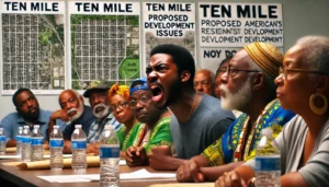 This image shows a pivotal community meeting in Ten Mile, where African American residents gather to address the threats posed by new development projects. Their determined expressions and the detailed maps in the background underscore their proactive efforts in legal and political advocacy.