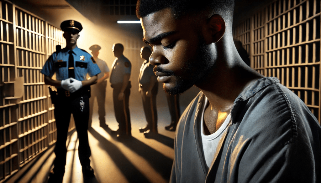 The image captures a tense moment inside a Missouri prison cell, highlighting the emotional distress of an African American inmate while guards in uniform stand in the background. The dramatic lighting emphasizes the severity of the situation, reflecting the broader issues of abuse and accountability within the prison system.